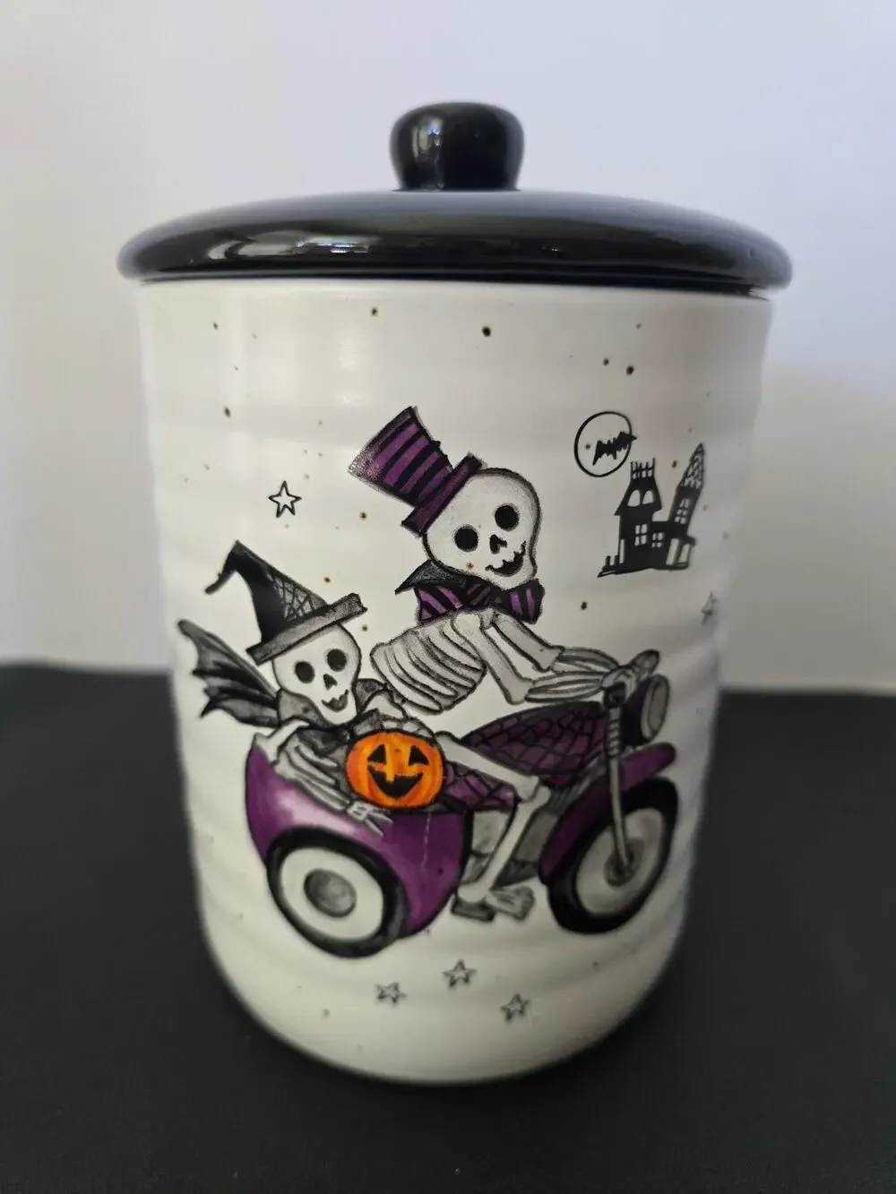 Cobwebs & Cauldrons Halloween Skeleton Motorcycle Sidecar Canister 7